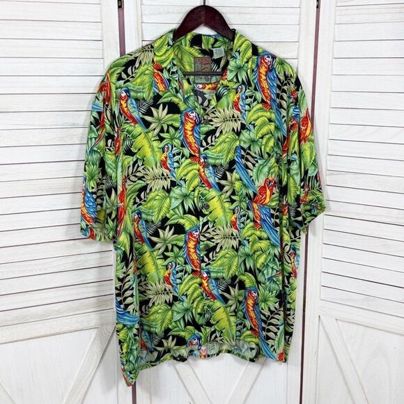 Pineapple Connection Tropical Parrots Hawaiian Camp Shirt Black Green Large - Picture 6 of 10